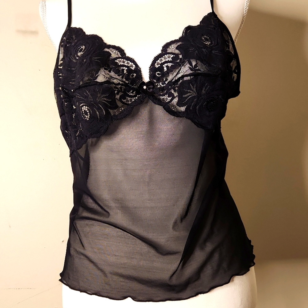 Vintage black sheer fairy grunge whimsigoth lace lingerie camisole top